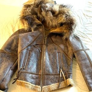Roberto Cavalli brown leather & shearling bomber jacket W/ fox fur hood SEE NOTE
